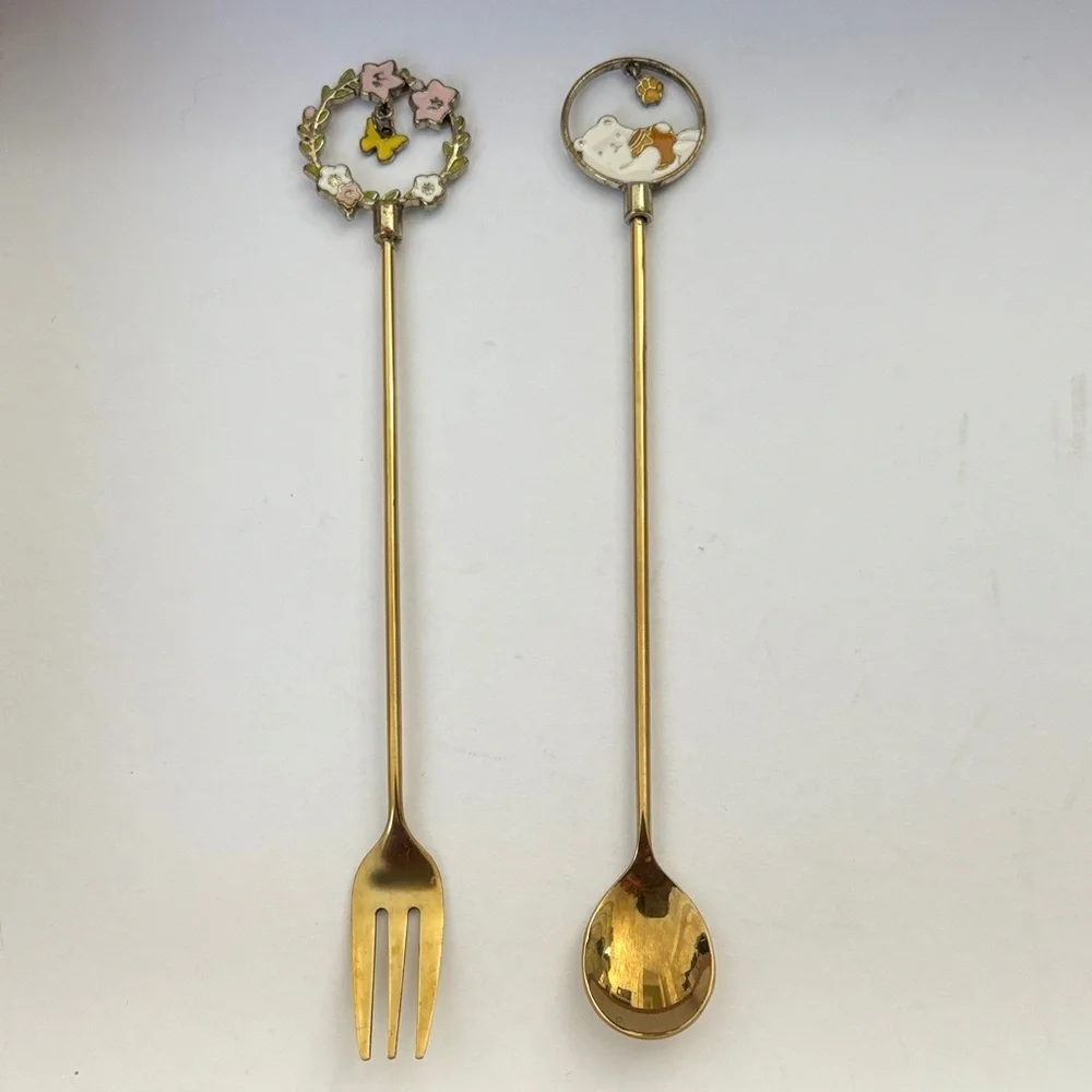 Gold Enamel Fork and Spoon Set With Cute Dangling Charms Hand Crafted
